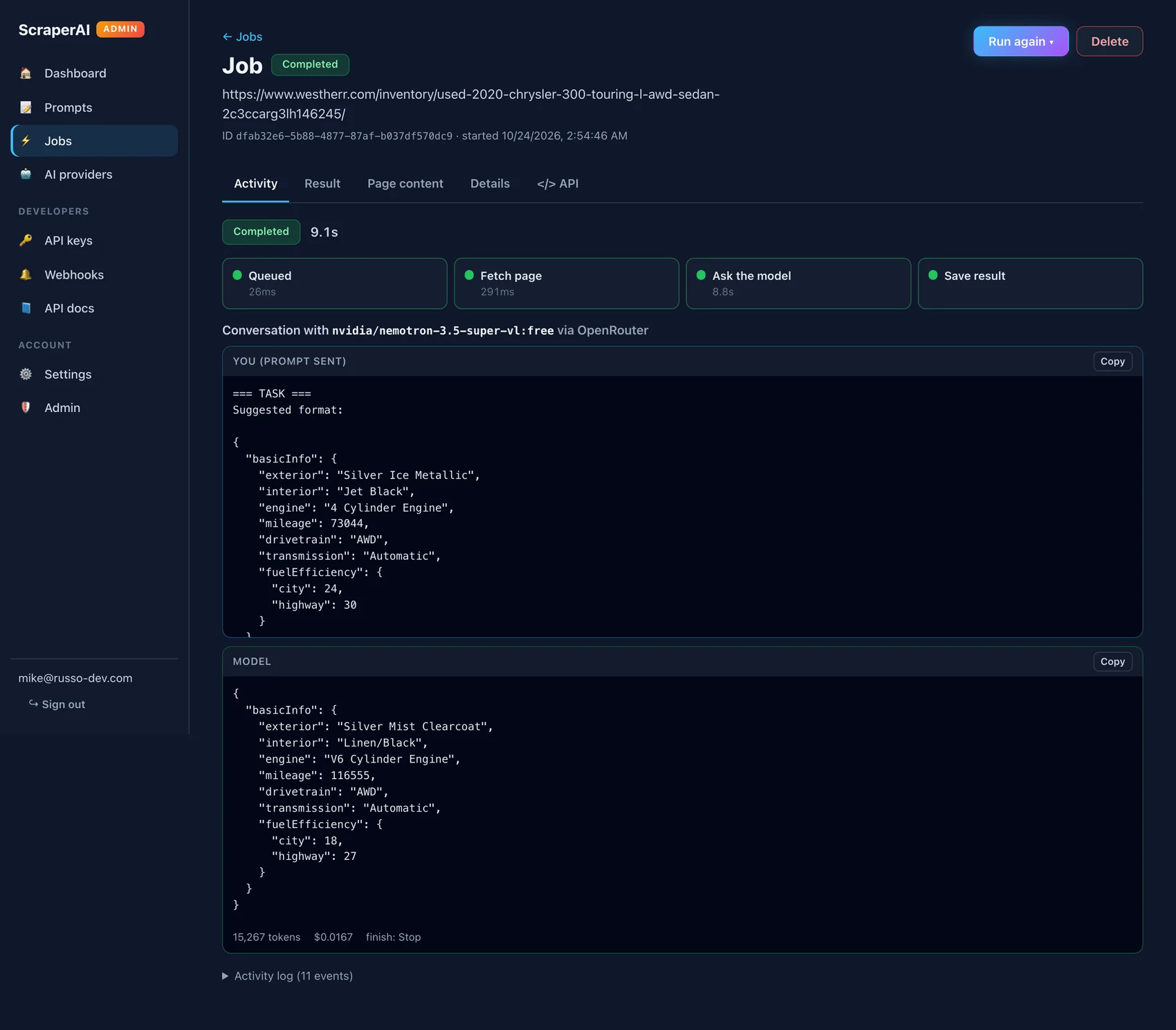 Job activity tab showing Queued, Fetch page, Ask the model, and Save result steps, then the prompt sent and the model's JSON reply