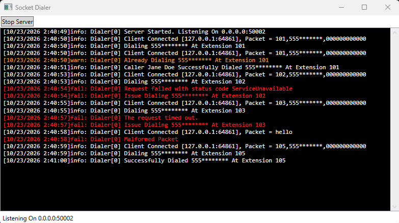 SocketDialer window showing a color-coded log of incoming packets and dial results, with phone numbers masked